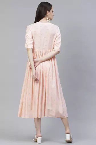 Women Blush Peach Ikat Print Midi Dress