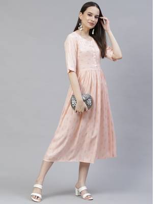 Women Blush Peach Ikat Print Midi Dress 4