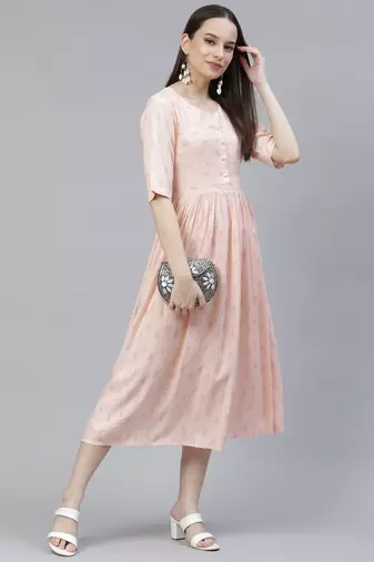 Women Blush Peach Ikat Print Midi Dress