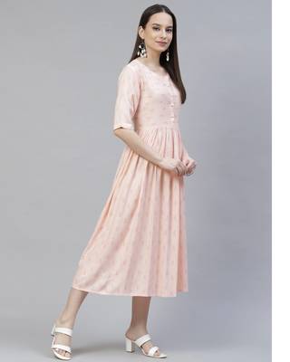 Women Blush Peach Ikat Print Midi Dress 5