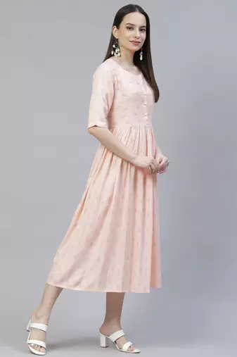 Women Blush Peach Ikat Print Midi Dress