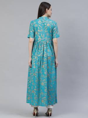 Women Turquoise Printed Flared Maxi Dress 2
