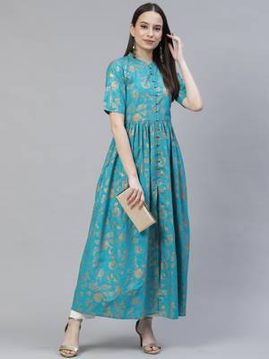 Women Turquoise Printed Flared Maxi Dress 1