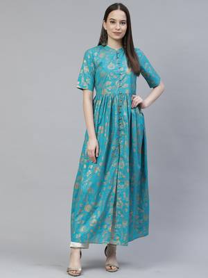 Women Turquoise Printed Flared Maxi Dress 3