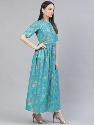 Women Turquoise Printed Flared Maxi Dress 4
