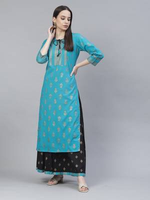 Women Turquoise and Black Ethnic Printed Kurta Skirt Set 1