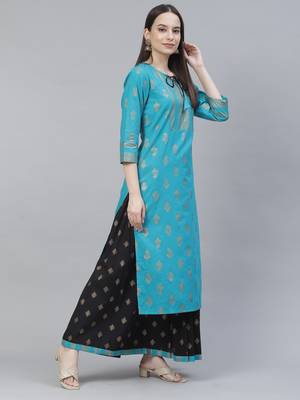 Women Turquoise and Black Ethnic Printed Kurta Skirt Set 2