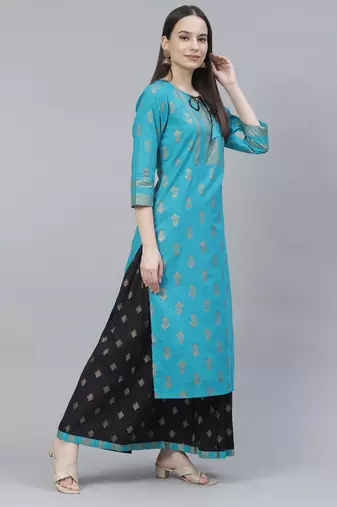 Women Turquoise and Black Ethnic Printed Kurta Skirt Set