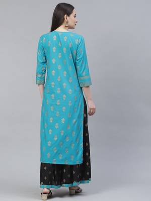 Women Turquoise and Black Ethnic Printed Kurta Skirt Set 3