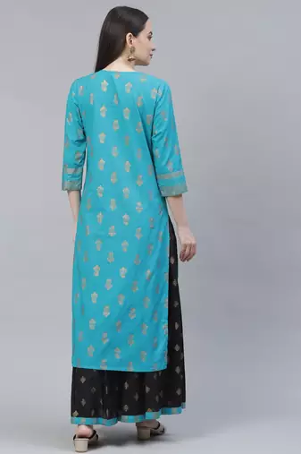 Women Turquoise and Black Ethnic Printed Kurta Skirt Set