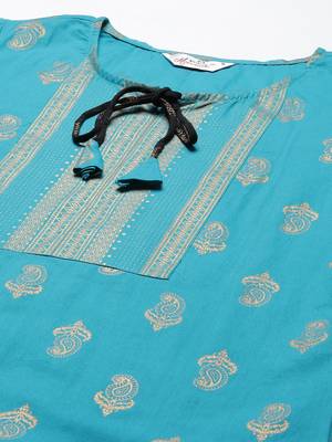 Women Turquoise and Black Ethnic Printed Kurta Skirt Set 4