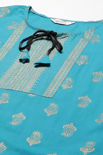 Women Turquoise and Black Ethnic Printed Kurta Skirt Set