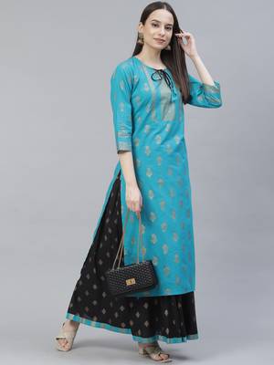 Women Turquoise and Black Ethnic Printed Kurta Skirt Set 5