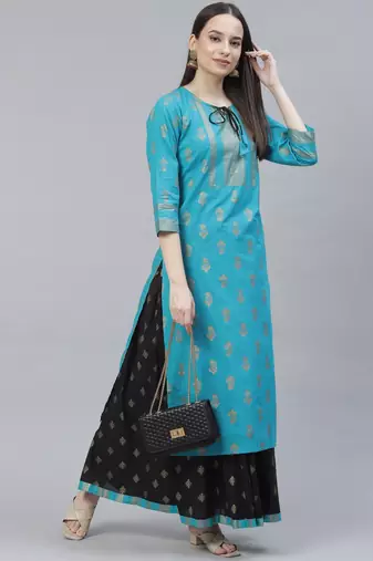 Women Turquoise and Black Ethnic Printed Kurta Skirt Set