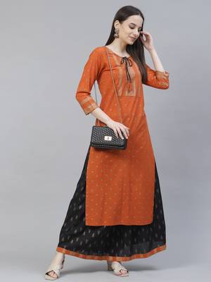 Women Orange and Black Ethnic Printed Kurta Skirt Set 1