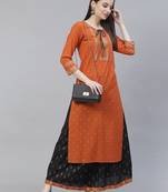 Women Orange and Black Ethnic Printed Kurta Skirt Set