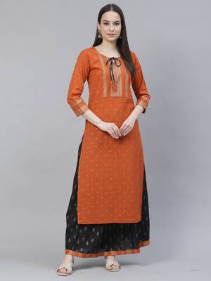 Women Orange and Black Ethnic Printed Kurta Skirt Set 3