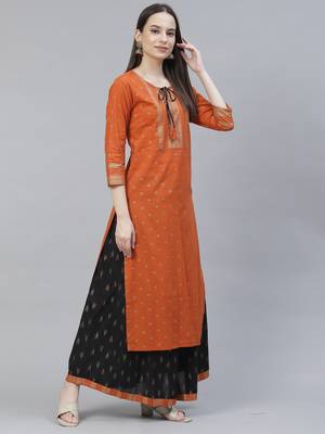 Women Orange and Black Ethnic Printed Kurta Skirt Set 4