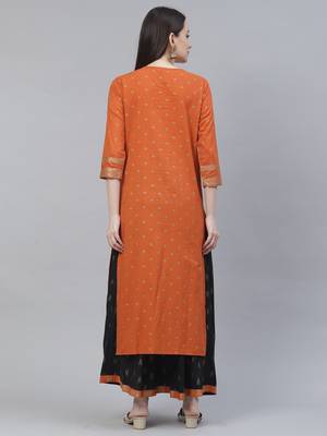 Women Orange and Black Ethnic Printed Kurta Skirt Set 6