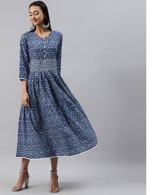 Women Blue Ethnic Print Midi Dress 1
