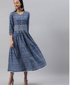 Women Blue Ethnic Print Midi Dress