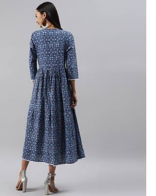 Women Blue Ethnic Print Midi Dress 2