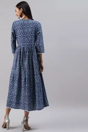 Women Blue Ethnic Print Midi Dress