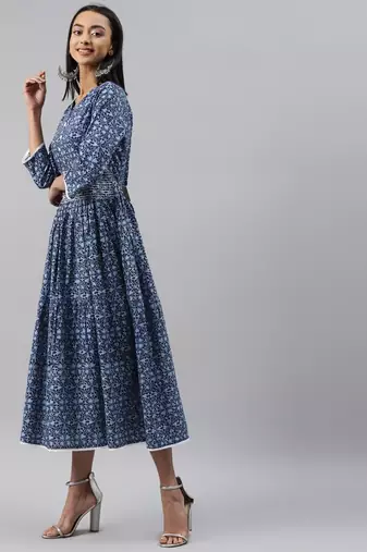 Women Blue Ethnic Print Midi Dress