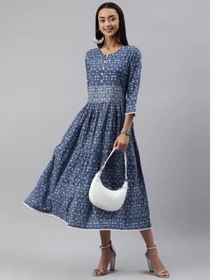 Women Blue Ethnic Print Midi Dress 5