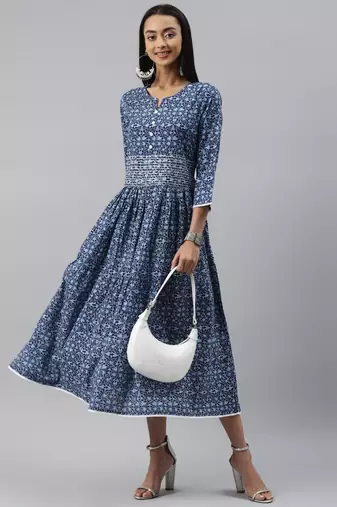 Women Blue Ethnic Print Midi Dress