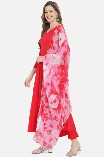Women Solid Red Kurta Set with Dupatta