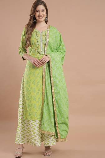 Women Lime Green Cotton Kurta Set with Dupatta