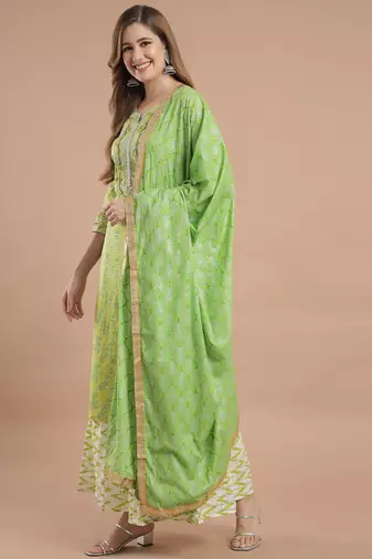 Women Lime Green Cotton Kurta Set with Dupatta