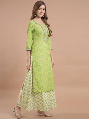 Women Lime Green Cotton Kurta Set with Dupatta 3
