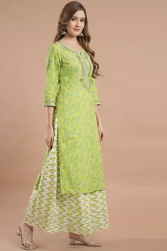 Women Lime Green Cotton Kurta Set with Dupatta