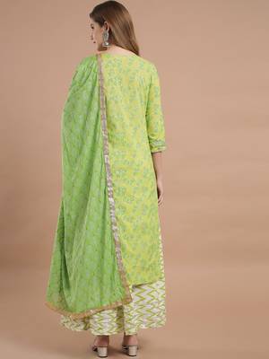 Women Lime Green Cotton Kurta Set with Dupatta 6