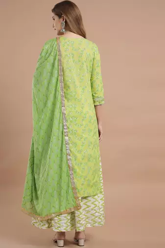 Women Lime Green Cotton Kurta Set with Dupatta