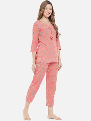 Women Floral Peach Night Suit 2