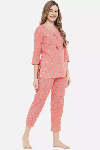 Women Floral Peach Night Suit