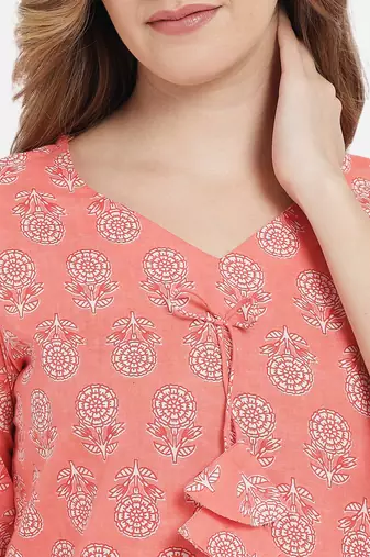 Women Floral Peach Night Suit