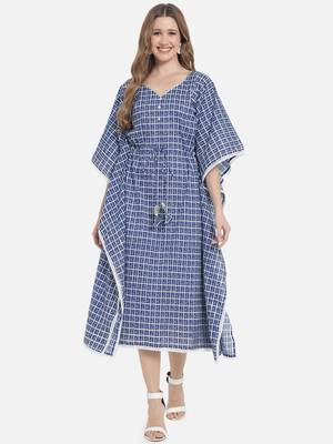 Women Blue Checks Kaftan Dress 3
