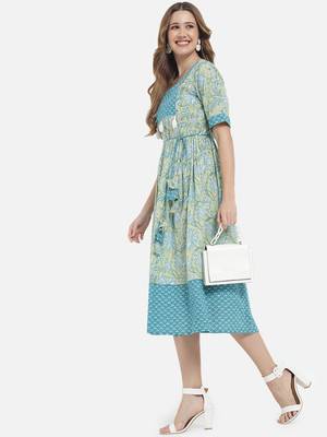 Women Lime Green and Blue Floral Printed Ethnic Midi Dress 2