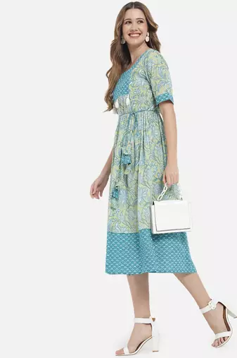 Women Lime Green and Blue Floral Printed Ethnic Midi Dress