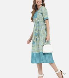 Women Lime Green and Blue Floral Printed Ethnic Midi Dress
