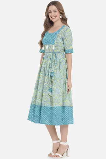 Women Lime Green and Blue Floral Printed Ethnic Midi Dress