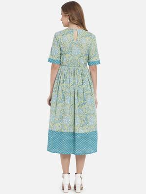 Women Lime Green and Blue Floral Printed Ethnic Midi Dress 4