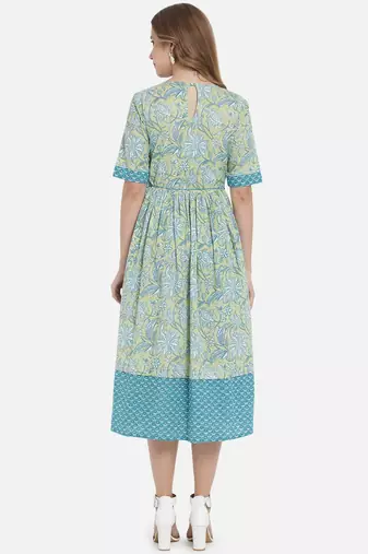 Women Lime Green and Blue Floral Printed Ethnic Midi Dress