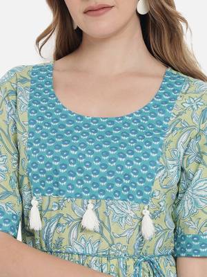 Women Lime Green and Blue Floral Printed Ethnic Midi Dress 5