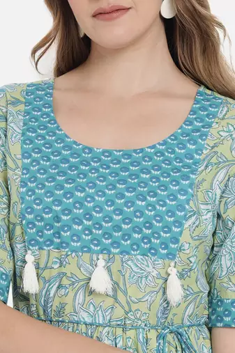 Women Lime Green and Blue Floral Printed Ethnic Midi Dress