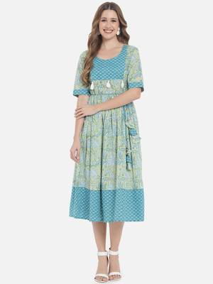 Women Lime Green and Blue Floral Printed Ethnic Midi Dress 1